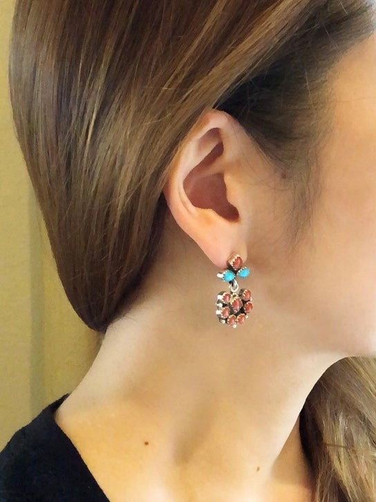 Turquoise and Red Coral Earrings -Sally Yazzie-