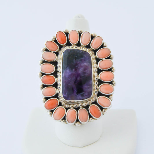 Charoite and Pink Coral Ring -Tonya June Rafael (Navajo)